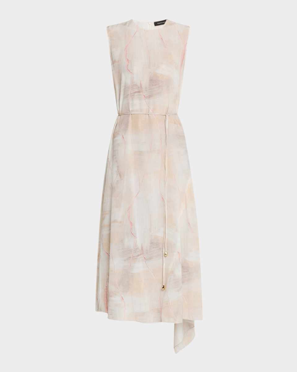 Drawstring Abstract-Print Silk Cady Midi Dress